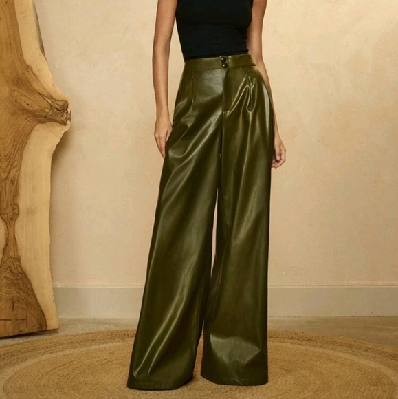 Women's Solid Green Straight Leg PU Leather Casual Street Style Pants,Suitable - Picture 1 of 4